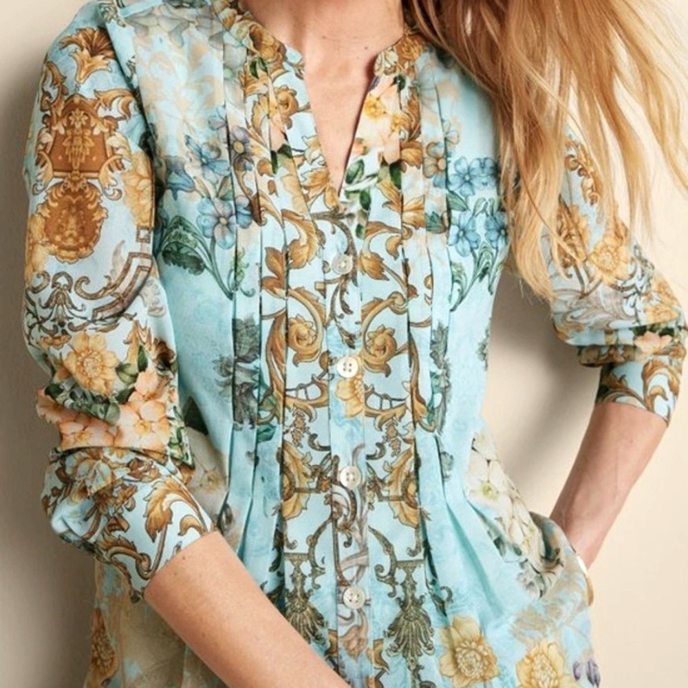 Soft Surroundings Floral Baroque Button Up Blouse XS Sheer Boho Cottagecore Top